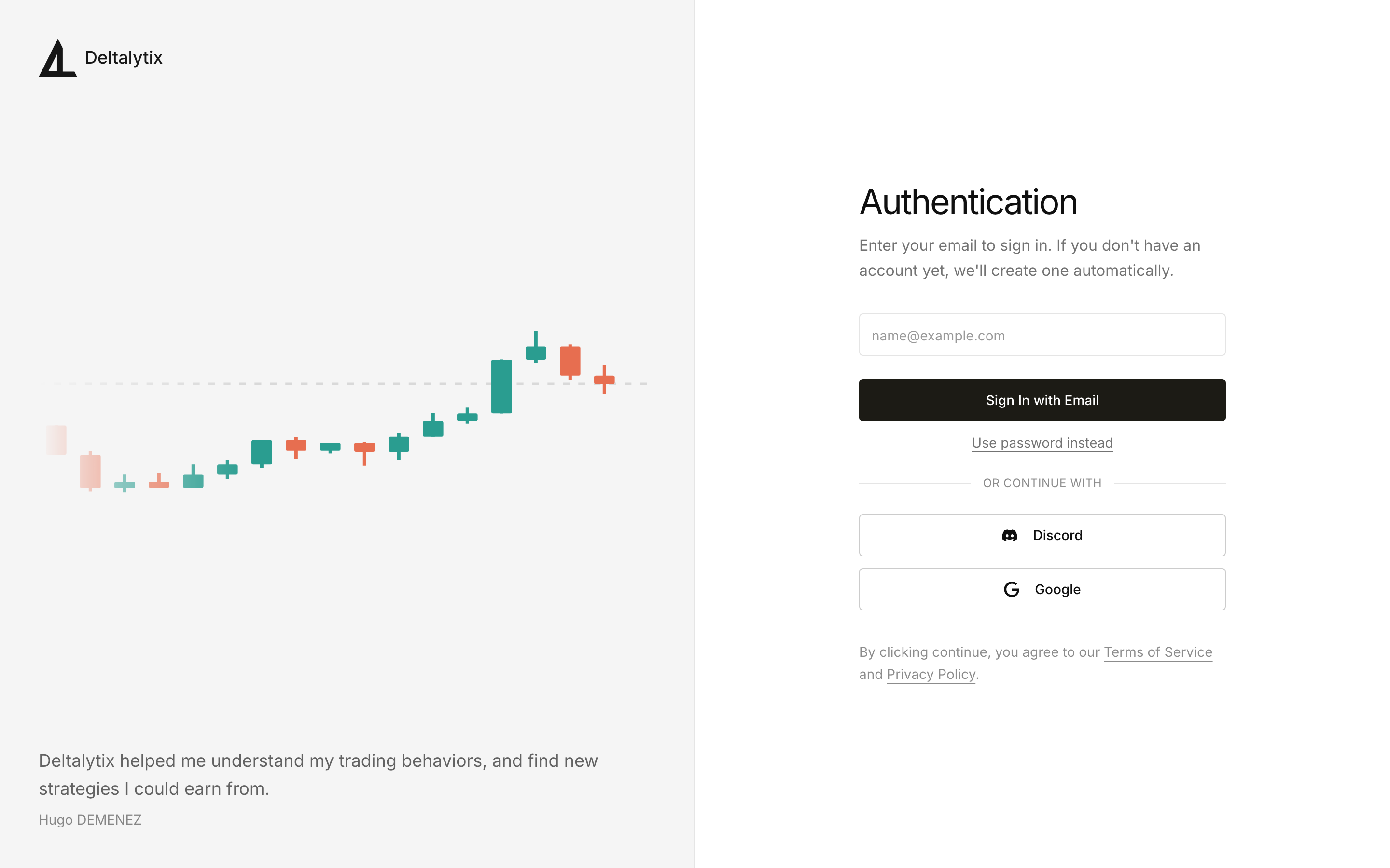 Desktop authentication page with the sign-in form, candlestick illustration, and testimonial
