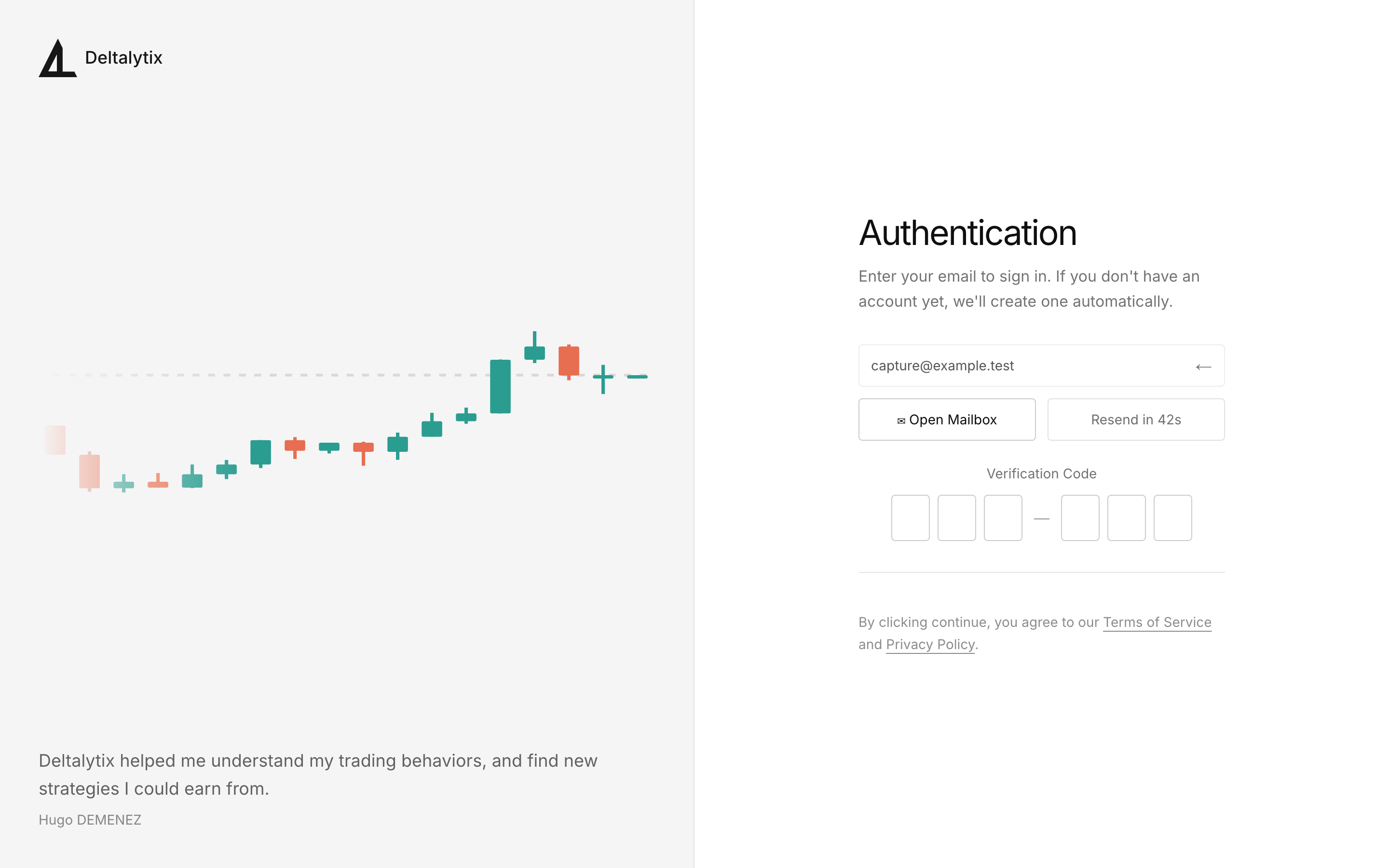 Email verification state with six code slots and the option to use a different email