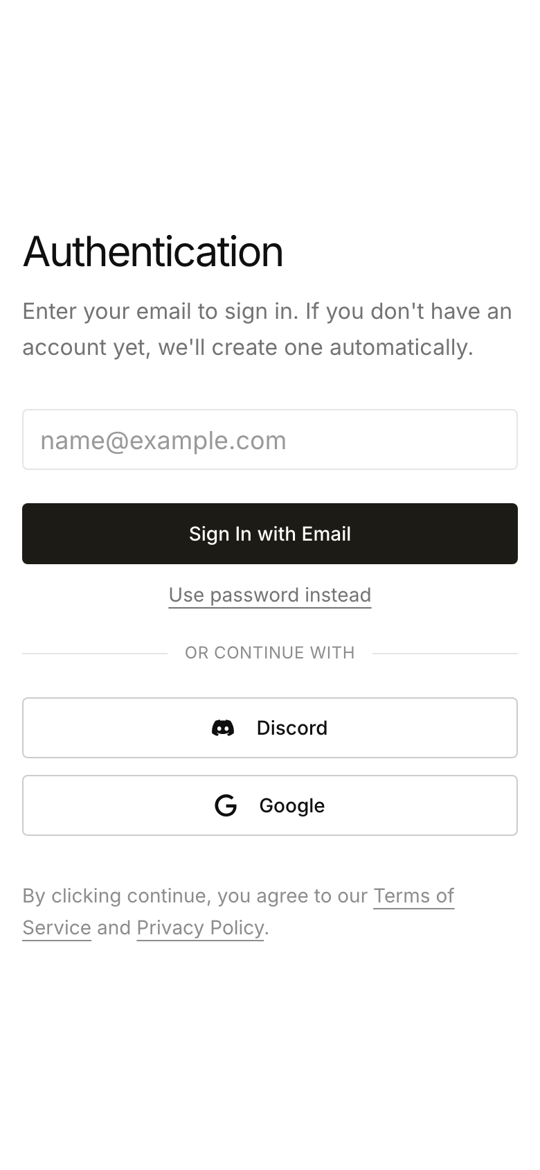 Mobile authentication page with the focused single-column sign-in form