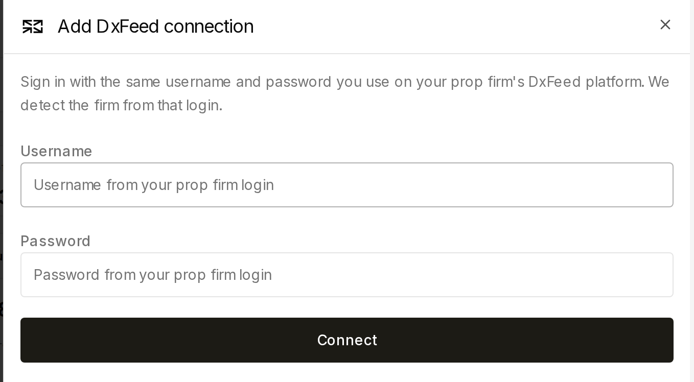 Add DxFeed connection sheet with empty Username and Password fields and no prop-firm picker