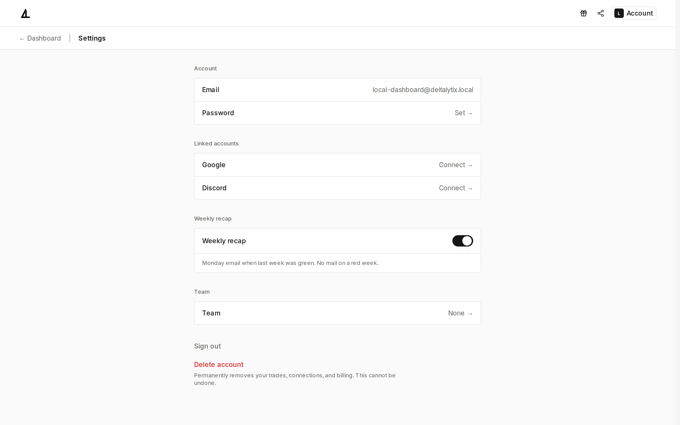 Settings page listing Account, Linked accounts, Weekly recap, Team, Sign out, and Delete account