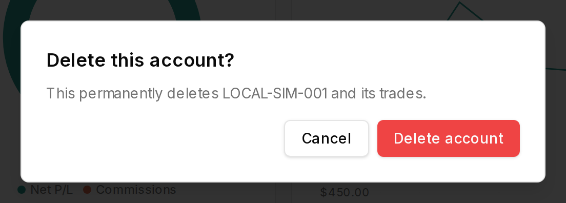 Delete this account? dialog for LOCAL-SIM-001 with Cancel and Delete account