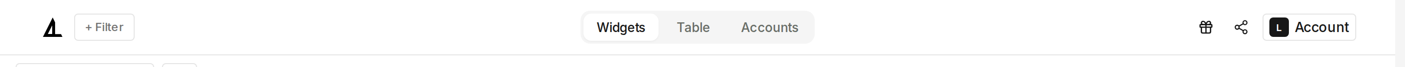 Desktop dashboard navbar with centered Widgets, Table, and Accounts tabs, Widgets selected