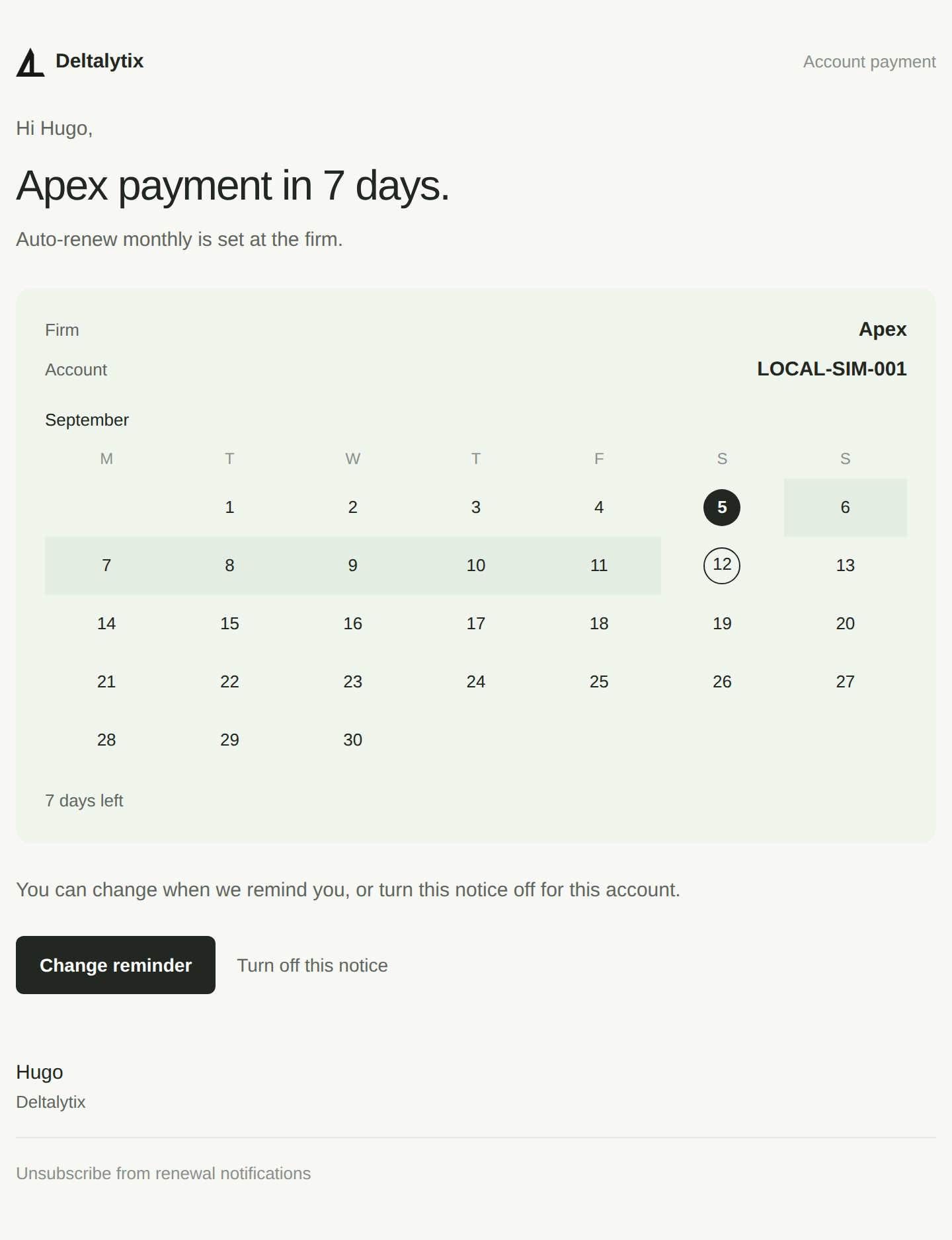 Account payment email for Apex due in 7 days, with a September calendar from the 5th to the 12th